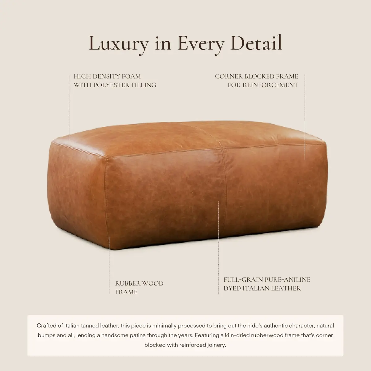 POLY & BARK Denver Ottoman – 43" Large Pouf with Feather-Down Topper – Full-Grain Leather Upholstered Ottoman for Living Room – Vintage Italian Leather in Cognac Tan - view 3