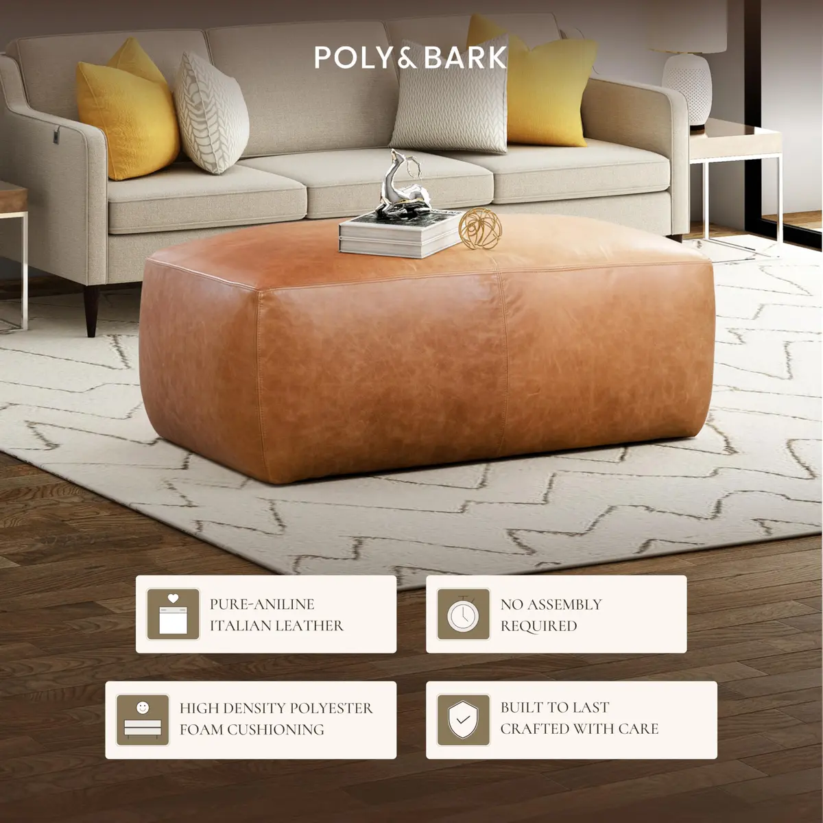 POLY & BARK Denver Ottoman – 43" Large Pouf with Feather-Down Topper – Full-Grain Leather Upholstered Ottoman for Living Room – Vintage Italian Leather in Cognac Tan - view 4