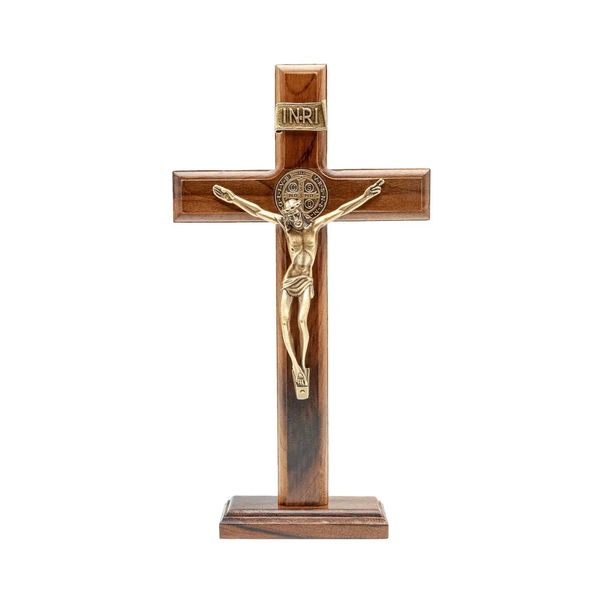 Intercession Antique Gold Wood Cross Crucifix 25.4cm (10 Inch) | St. Benedict Medal & Solid Brazilian Walnut - main product image