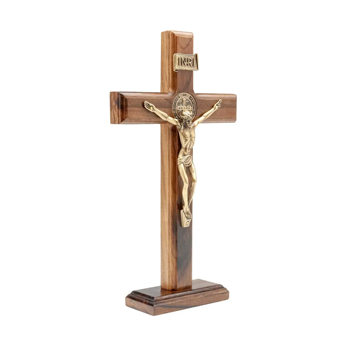 Intercession Antique Gold Wood Cross Crucifix 25.4cm (10 Inch) | St. Benedict Medal & Solid Brazilian Walnut - view 2