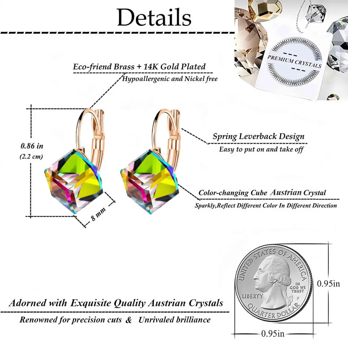 EVEVIC Austrian Crystal Cube Drop Leverback Earrings for Women 1.5 cm (0.6 inches) | Geometric Brilliance for Day-to-Night Glamour - view 4