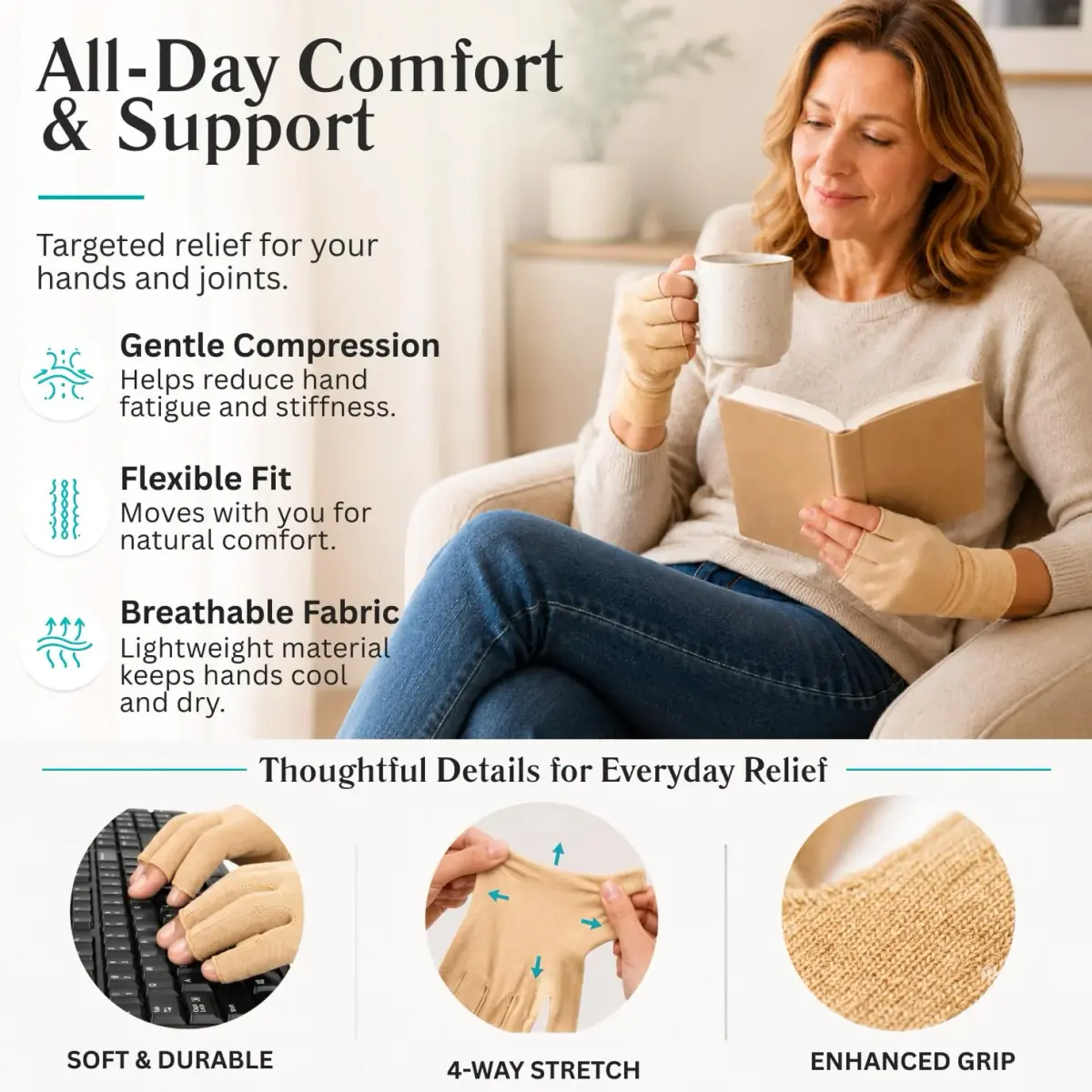 Vive Arthritis Gloves for Men & Women - Small, Beige | Compression Hand Gloves for Rheumatoid Pain Relief - view 7