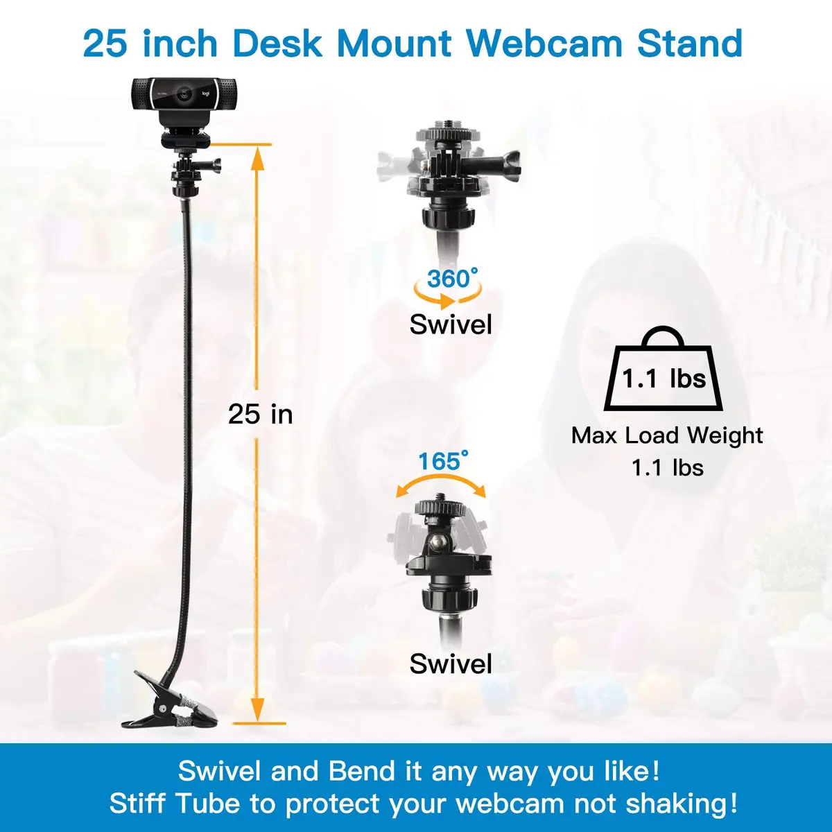 Pipishell Webcam Stand 25 Inch Flexible Gooseneck Mount for Logitech & Other Webcams | 360° Rotation, Max 0.5kg - view 3