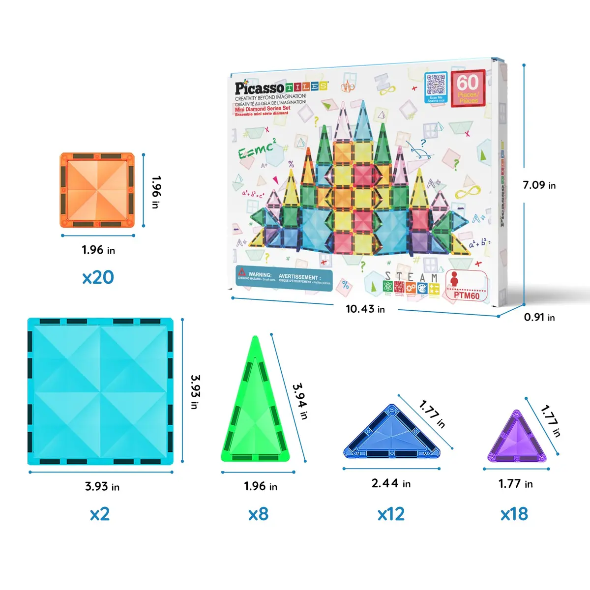 PicassoTiles 60 pcs Mini Magnetic Tiles | Compact Travel-Friendly STEM Building Blocks for Kids 3+ - view 2