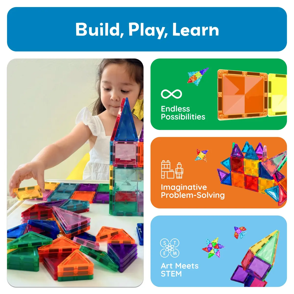 PicassoTiles 60 pcs Mini Magnetic Tiles | Compact Travel-Friendly STEM Building Blocks for Kids 3+ - view 3
