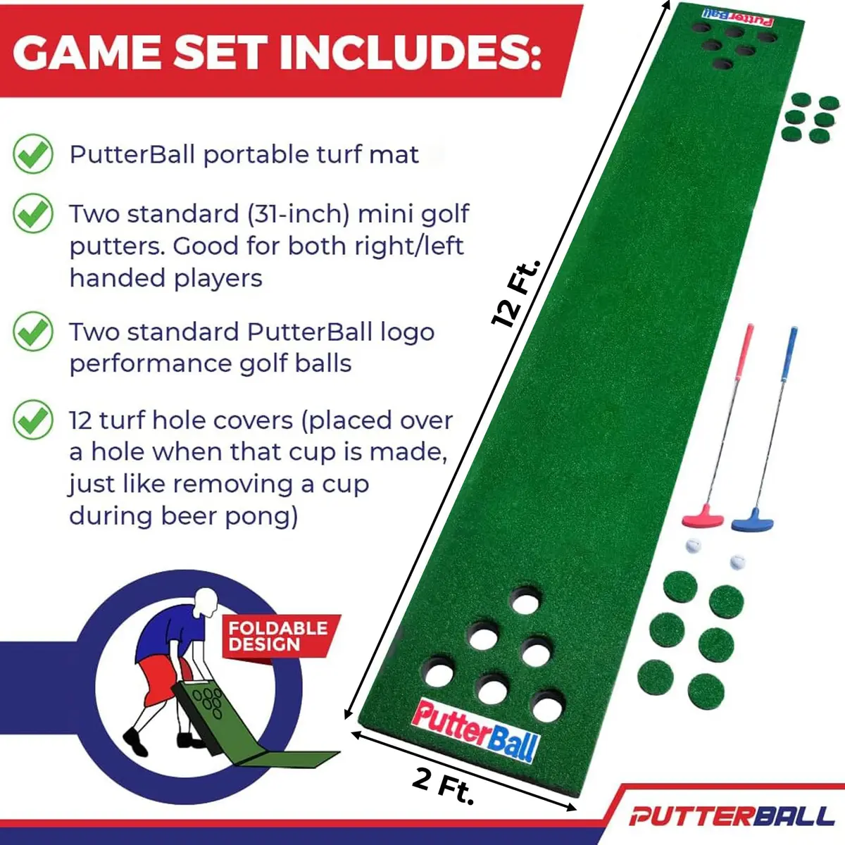 PutterBall Original Golf Putting Game Set – Backyard 12 ft Putting Green Pong Style Golf Mat with 2 Putters, 2 Balls & Hole Covers - view 2