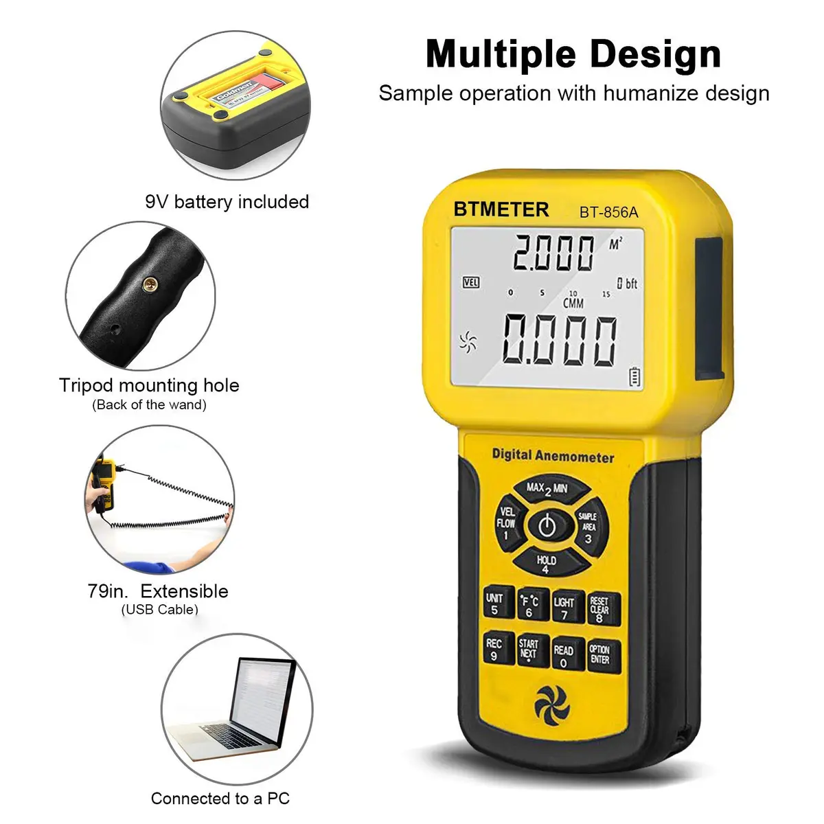 BTMETER Por HVAC Anemometer -CFM Meter Gauge w/USB Data Export to PC | Wind Speed & Flow Measurement - view 8