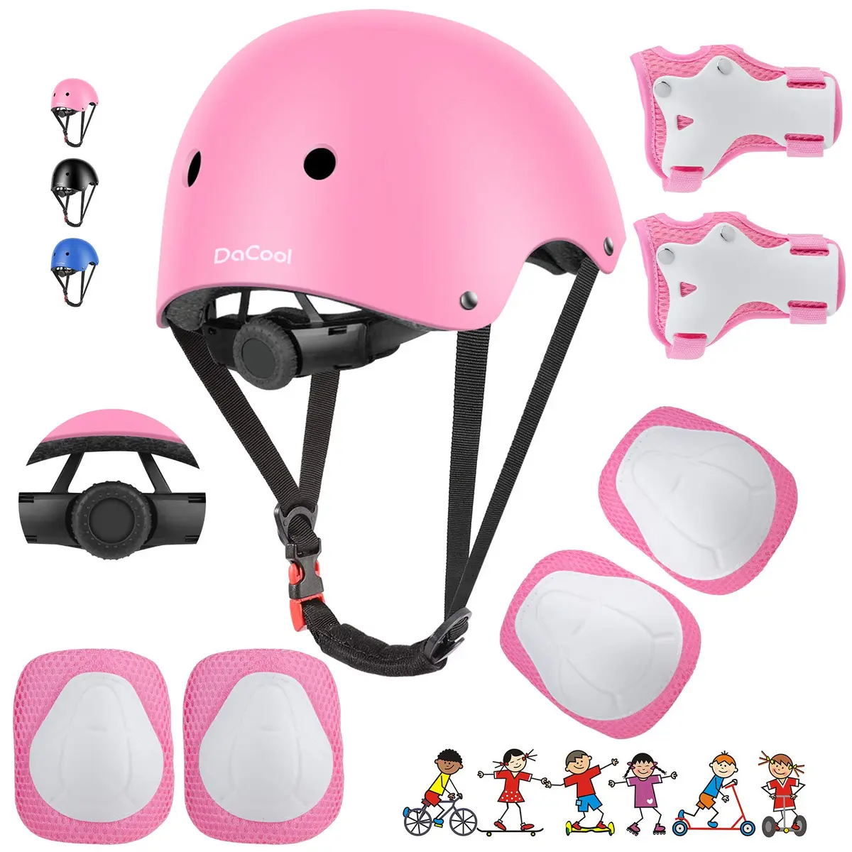 DaCool Kids Bike Helmet & Protective Gear Set for Sports Cycling Skating, Pink, 7-Piece Set - main product image