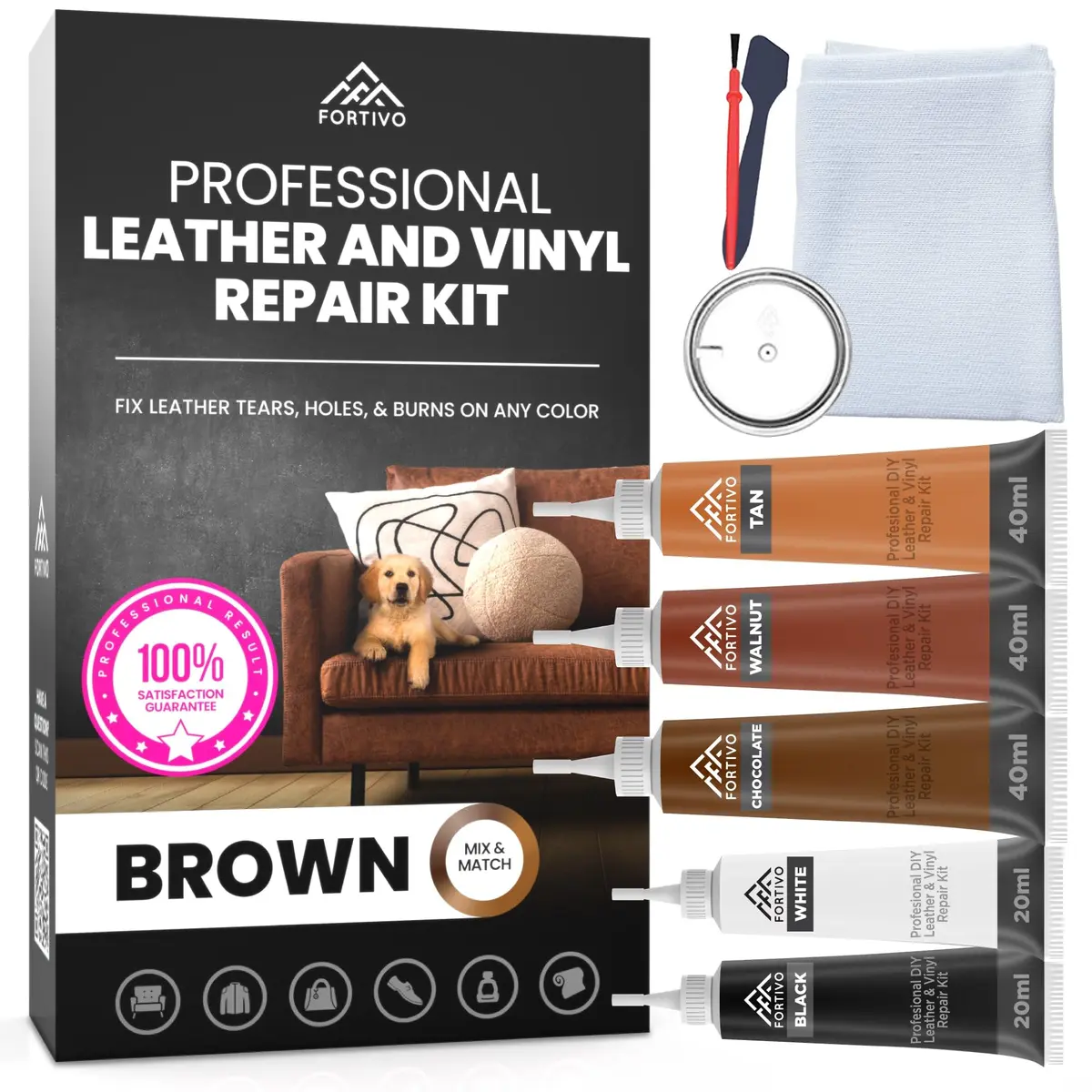 FORTIVO Brown Vinyl Repair Kit for Leather & Car Seats | Advanced Gel & Filler, Easy Match Guide - main product image