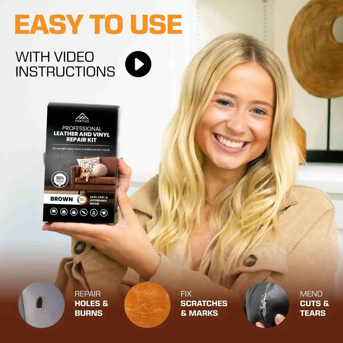 FORTIVO Brown Vinyl Repair Kit for Leather & Car Seats | Advanced Gel & Filler, Easy Match Guide - view 3