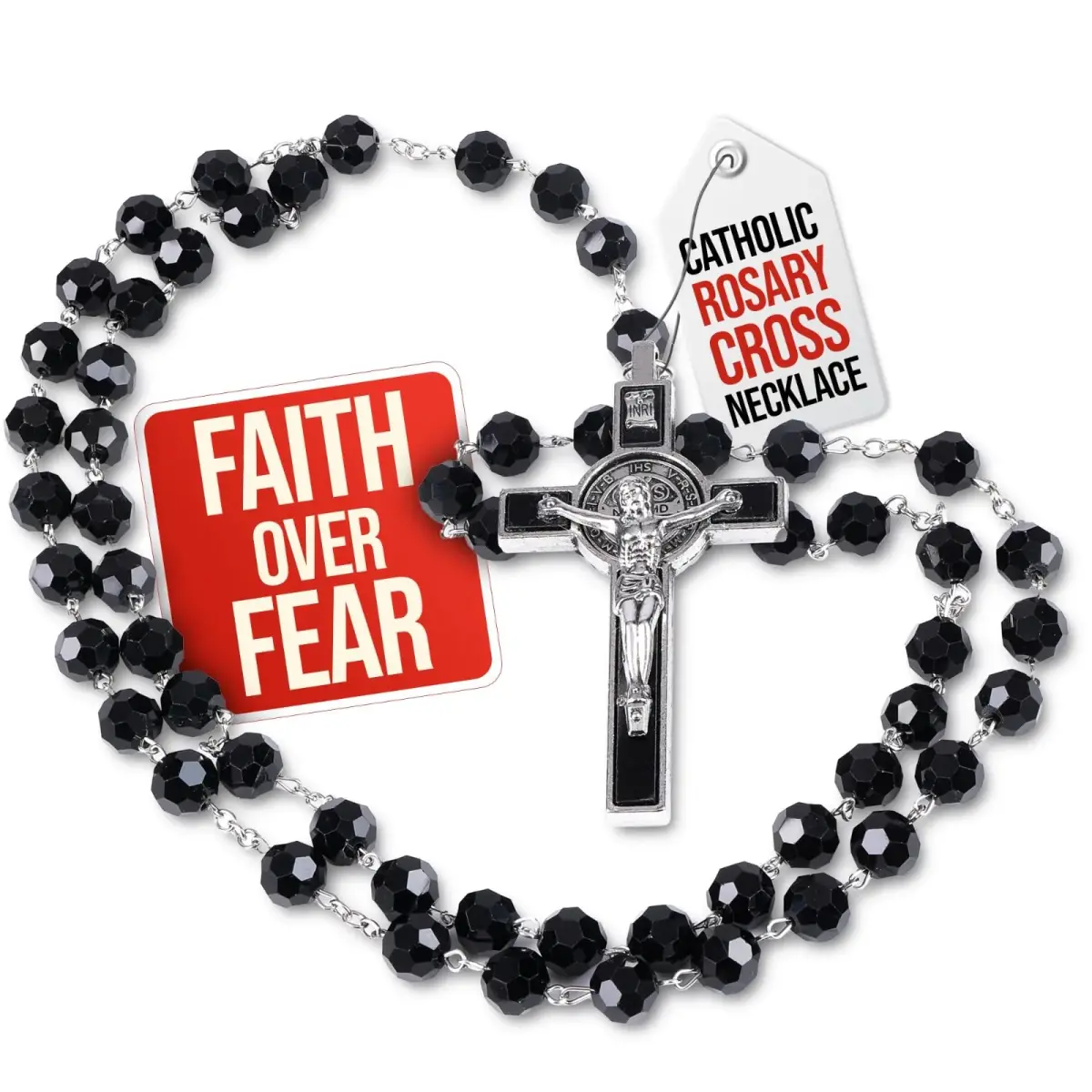 SANCTUM VERITAS Black Crystal Catholic Rosary Necklace | Large Italian Prayer Beads Gift - main product image