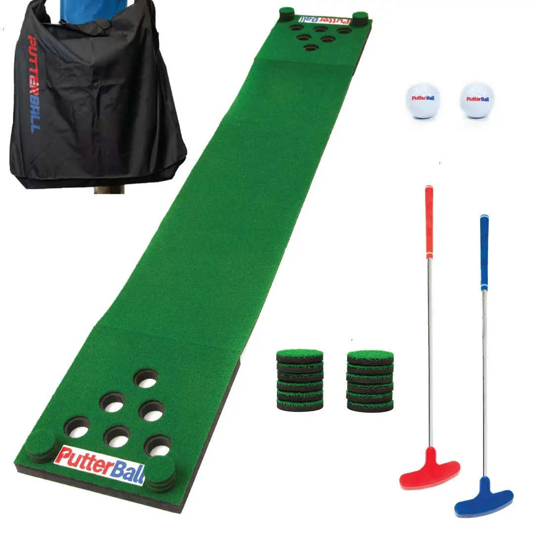 PutterBall Original Golf Putting Game Set – Backyard 12 ft Putting Green Pong Style Golf Mat with 2 Putters, 2 Balls & Hole Covers - main product image