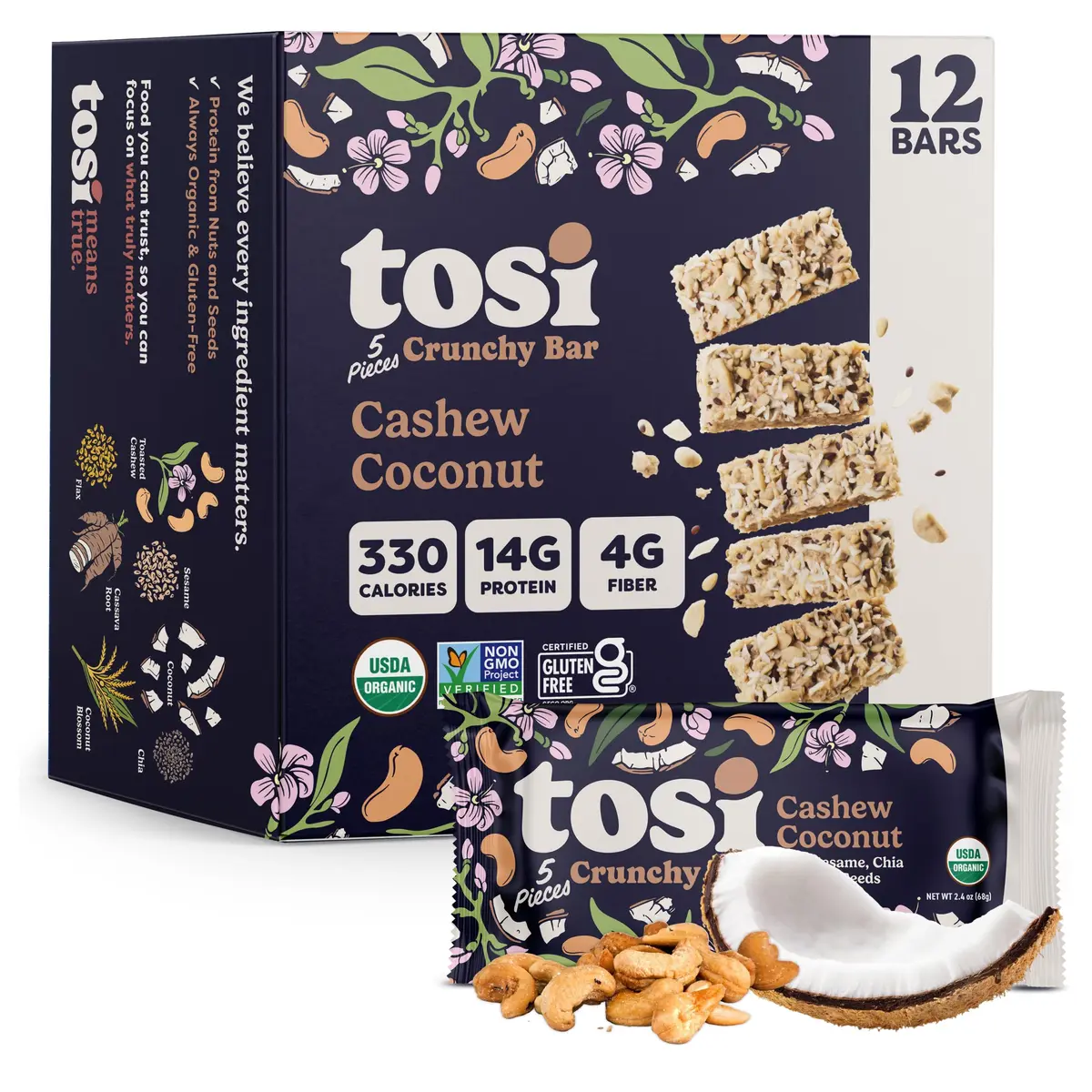 Tosi Plant Based Nut Bars Coconut 12 Pack | Vegan Snack with 14g Protein (2.4oz each) - main product image