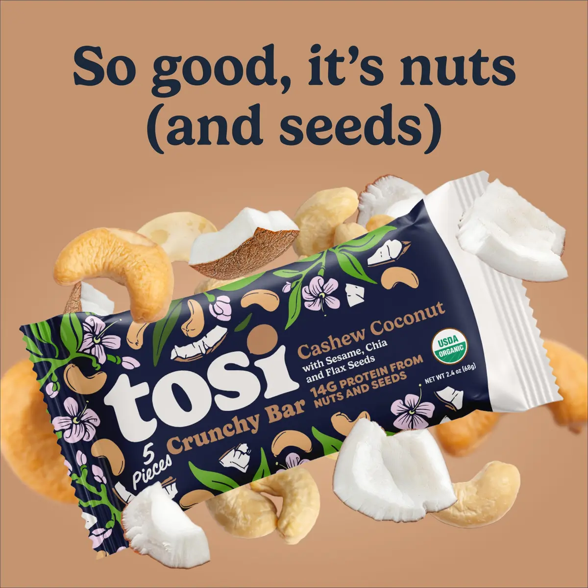 Tosi Plant Based Nut Bars Coconut 12 Pack | Vegan Snack with 14g Protein (2.4oz each) - view 8