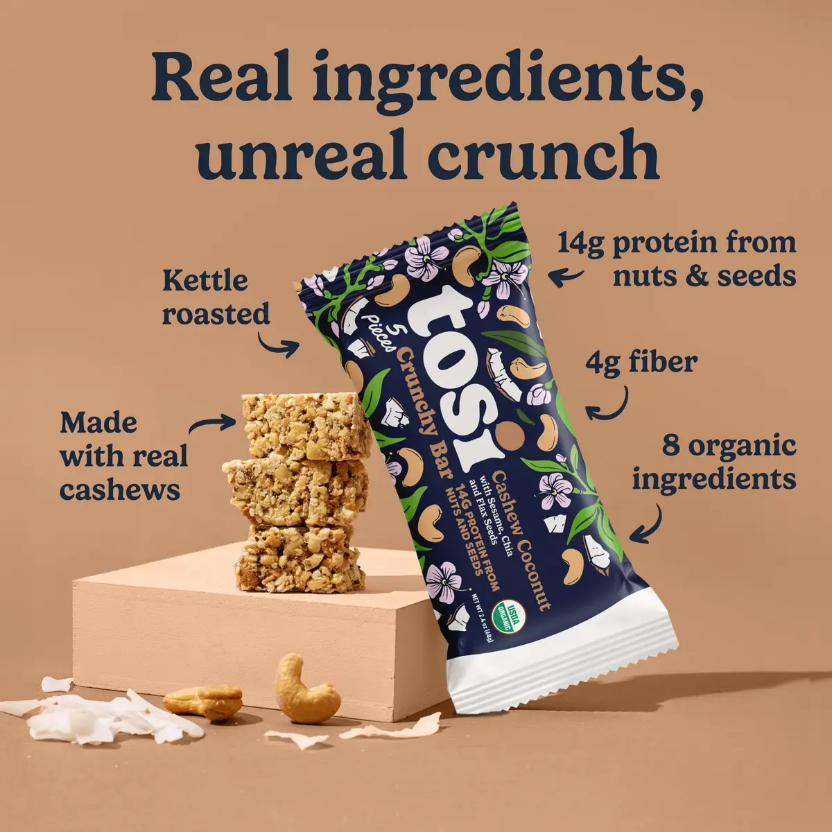 Tosi Plant Based Nut Bars Coconut 12 Pack | Vegan Snack with 14g Protein (2.4oz each) - view 2