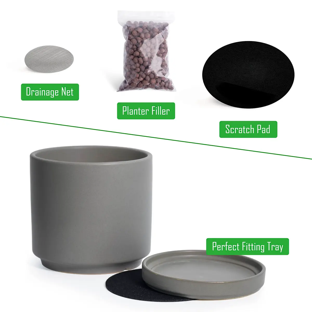 D'vine Dev 6 Inch Ceramic Planter Pot, Grey | Modern Indoor Cylinder with Drainage Hole - view 4