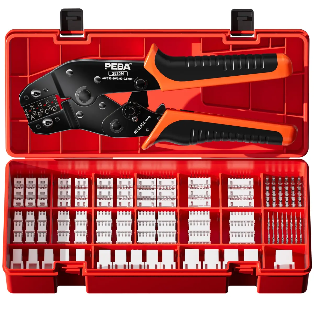 PEBA Crimping Tool and JST Connector Kit - 18 Types of 2.5 mm JST-XH Connectors & Crimp Pins, for DIY Electronics, Suitable for AWG 32-20 Wires - main product image