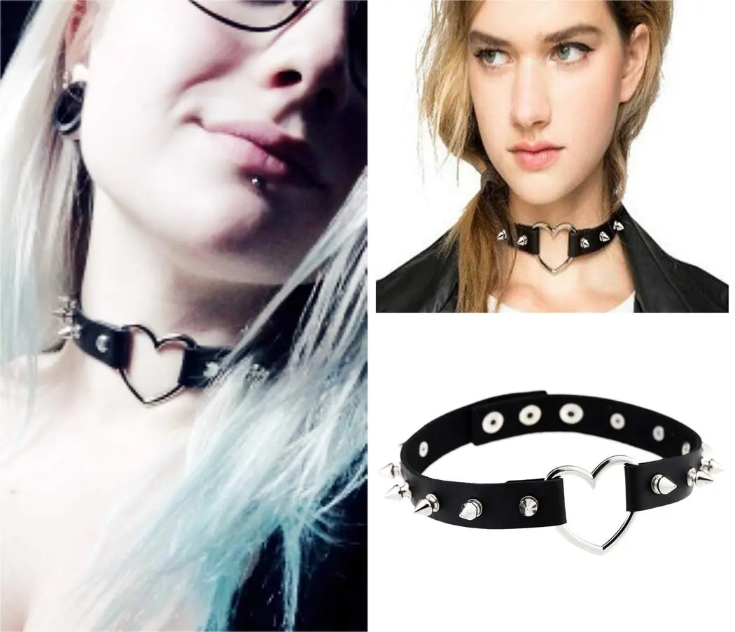 HRLORKC PU Leather Choker Love Heart Spike Rivets Adjustable | Goth Punk Fashion Accessory - view 3