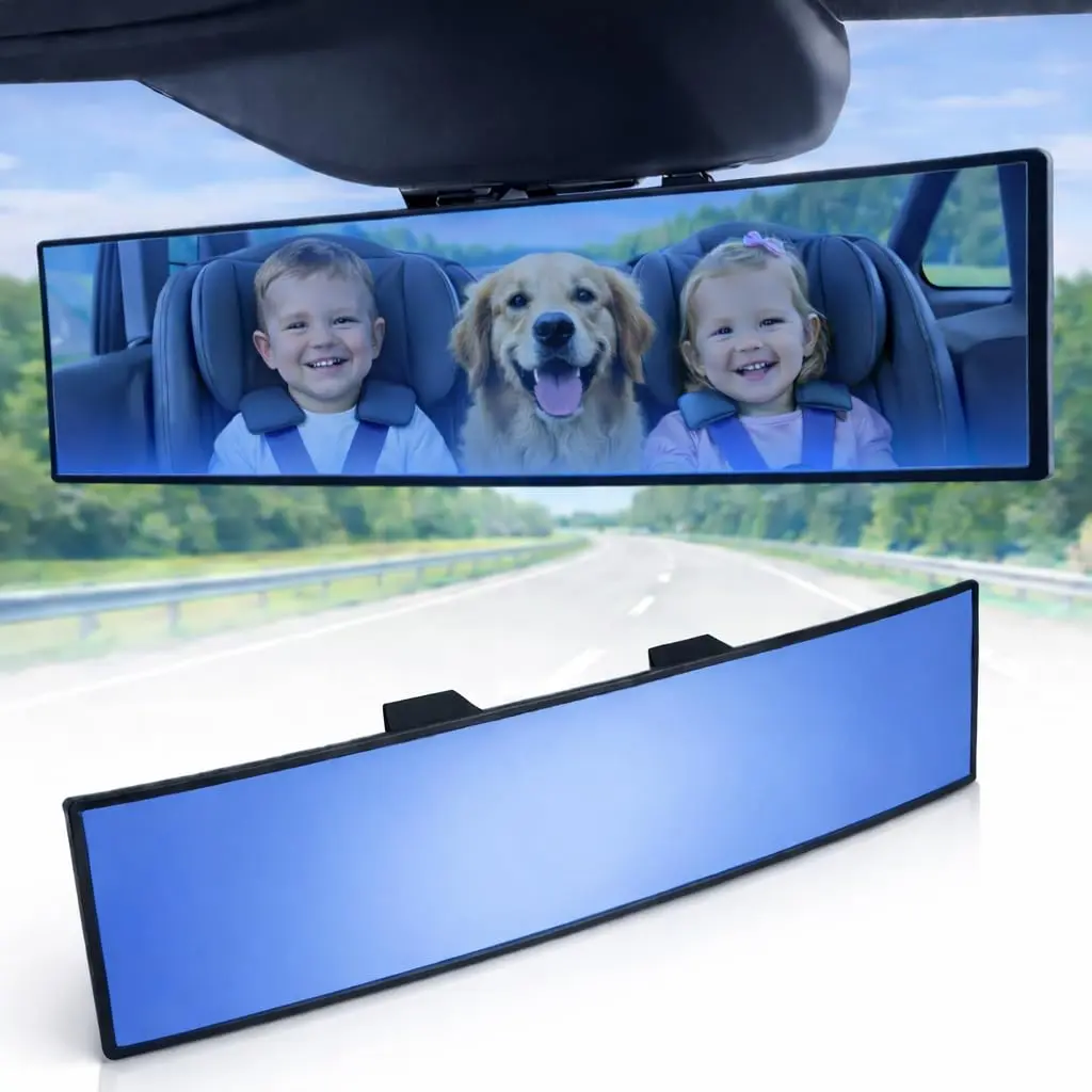 ICBEAMER 11.8" Convex Blue Tint Car Rear View Mirror | Wide-Angle, Anti Glare, Clip-On Fit (70-120 chars) - main product image