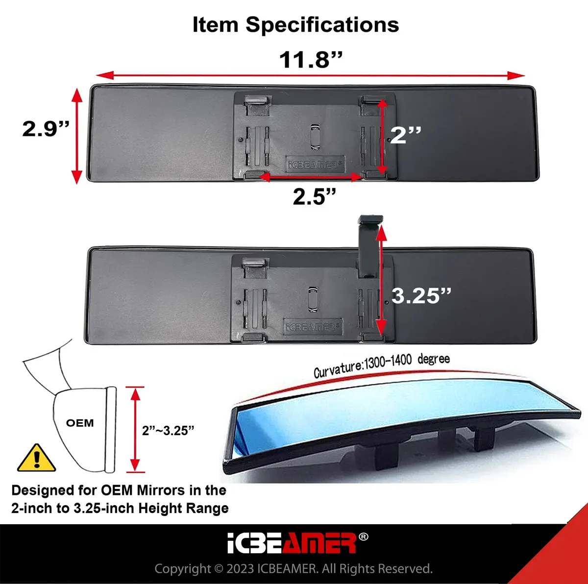 ICBEAMER 11.8" Convex Blue Tint Car Rear View Mirror | Wide-Angle, Anti Glare, Clip-On Fit (70-120 chars) - view 5