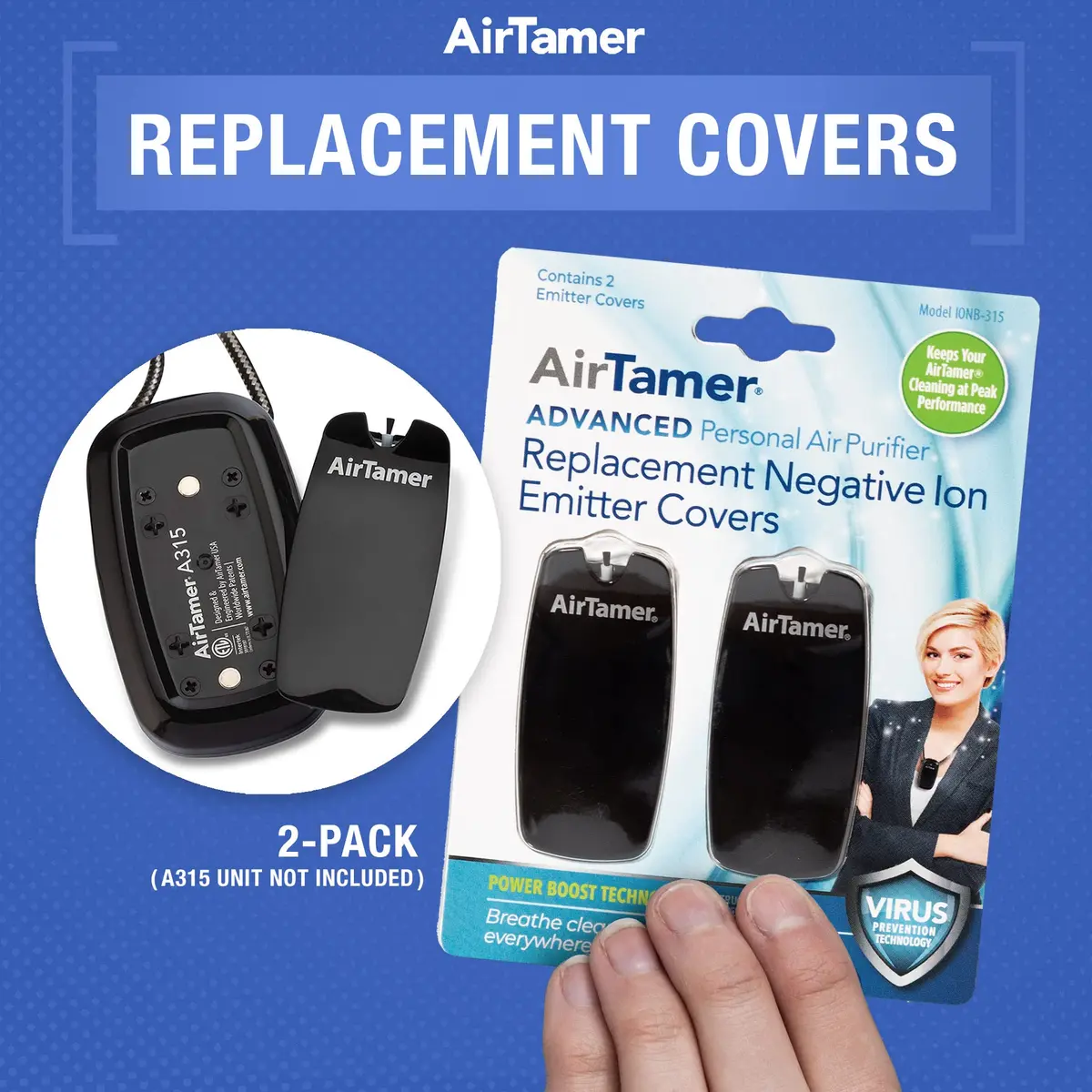 AirTamer A315 Replacement Negative Ion Emitter Covers Black 2-Pack | For Personal Air Purifier - view 2