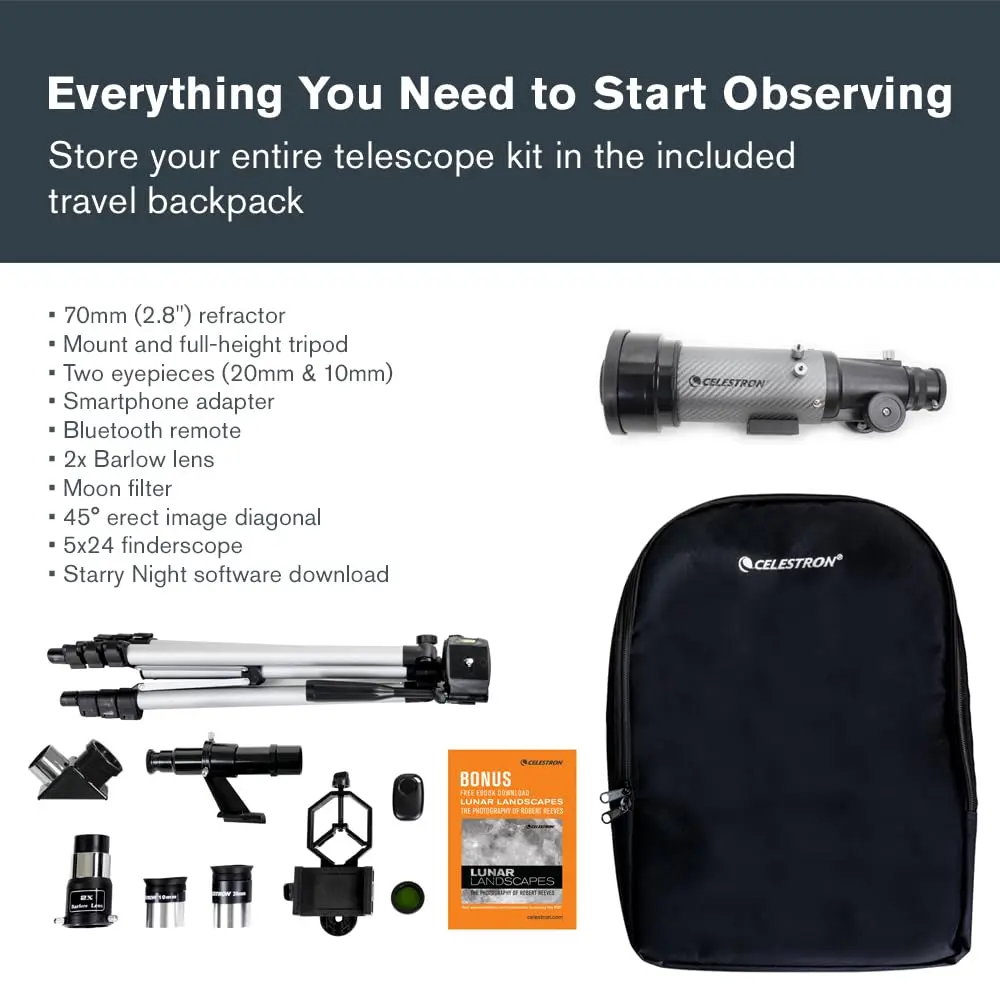 Celestron Travel Scope 70mm DX Refractor Telescope Kit with Backpack | Bright, Sharp Views for Beginners & Travel - view 3