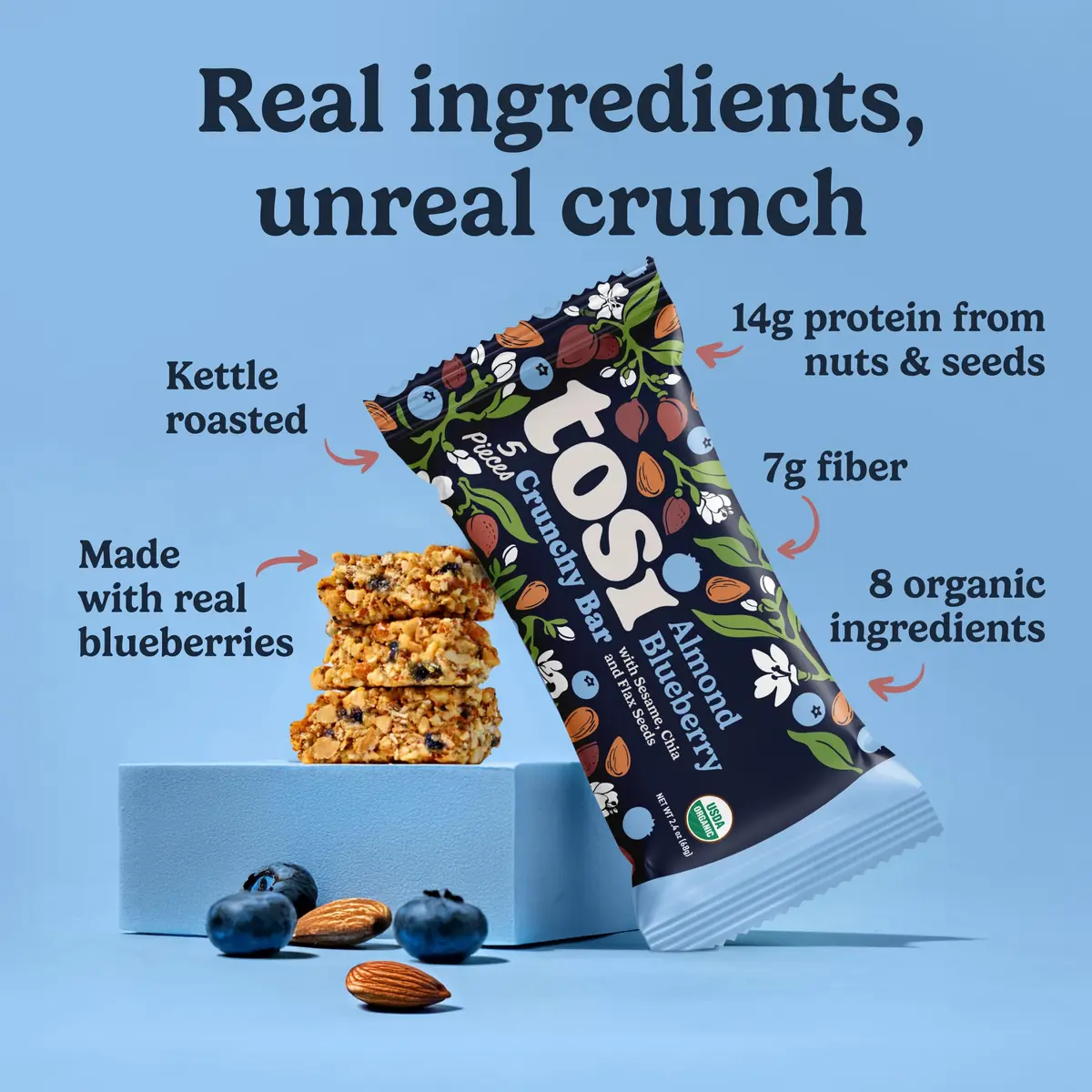 Tosi Plant-Based Nut Bars Almond Blueberry 12-Pack | 12g Protein, Gluten-Free, Vegan, Organic - view 2