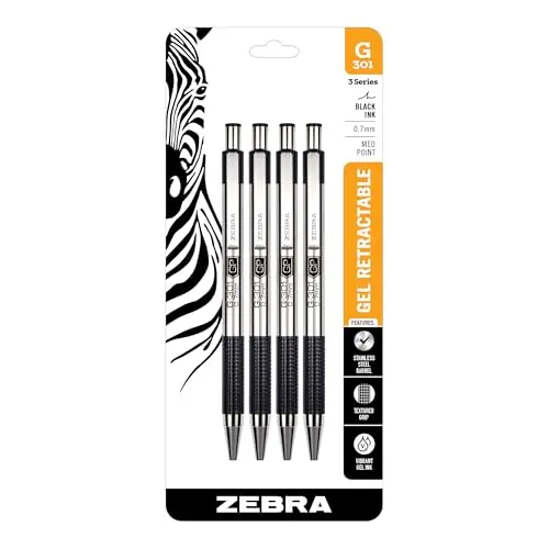 Zebra Pen STEEL G-301 Retractable Gel Pen 0.7mm Medium Point 4-Pack | Smooth Ink Flow - main product image