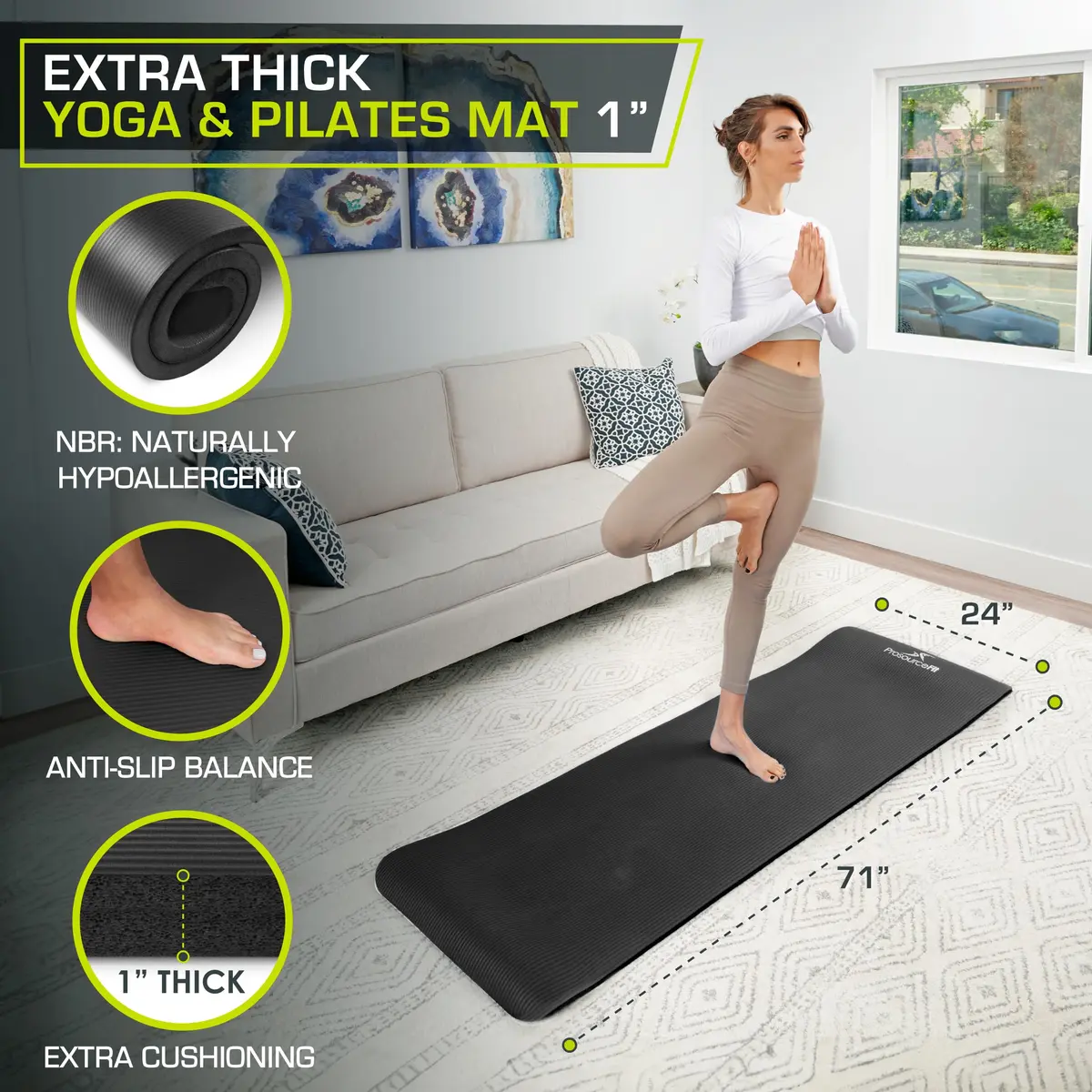 ProSourceFit Extra Thick Yoga and Pilates Mat 1" (25mm) Black | High Density Exercise Mat with Carrying Strap - view 2