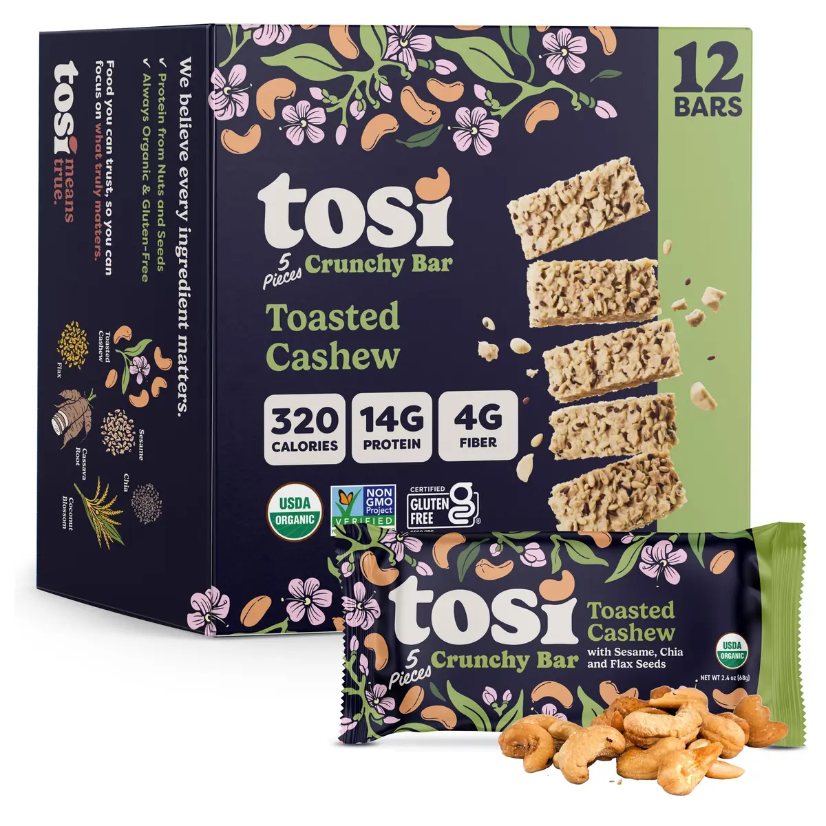 Tosi Plant Based Nut Bars Cashew 12 Pack | Gluten-Free Vegan Snack with Omega 3 (2.4oz each) - main product image