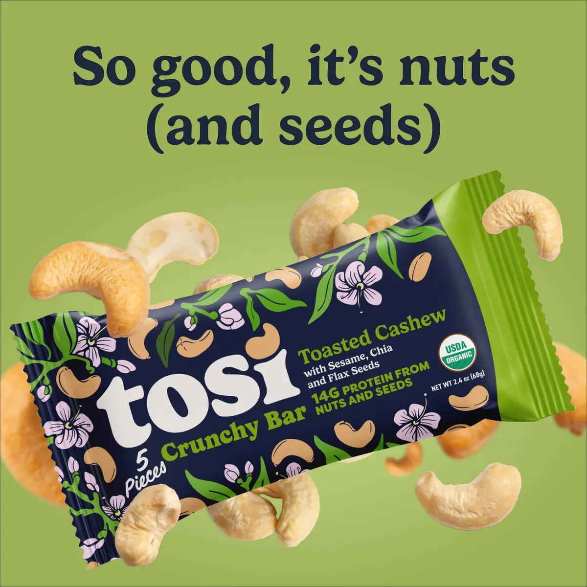 Tosi Plant Based Nut Bars Cashew 12 Pack | Gluten-Free Vegan Snack with Omega 3 (2.4oz each) - view 8