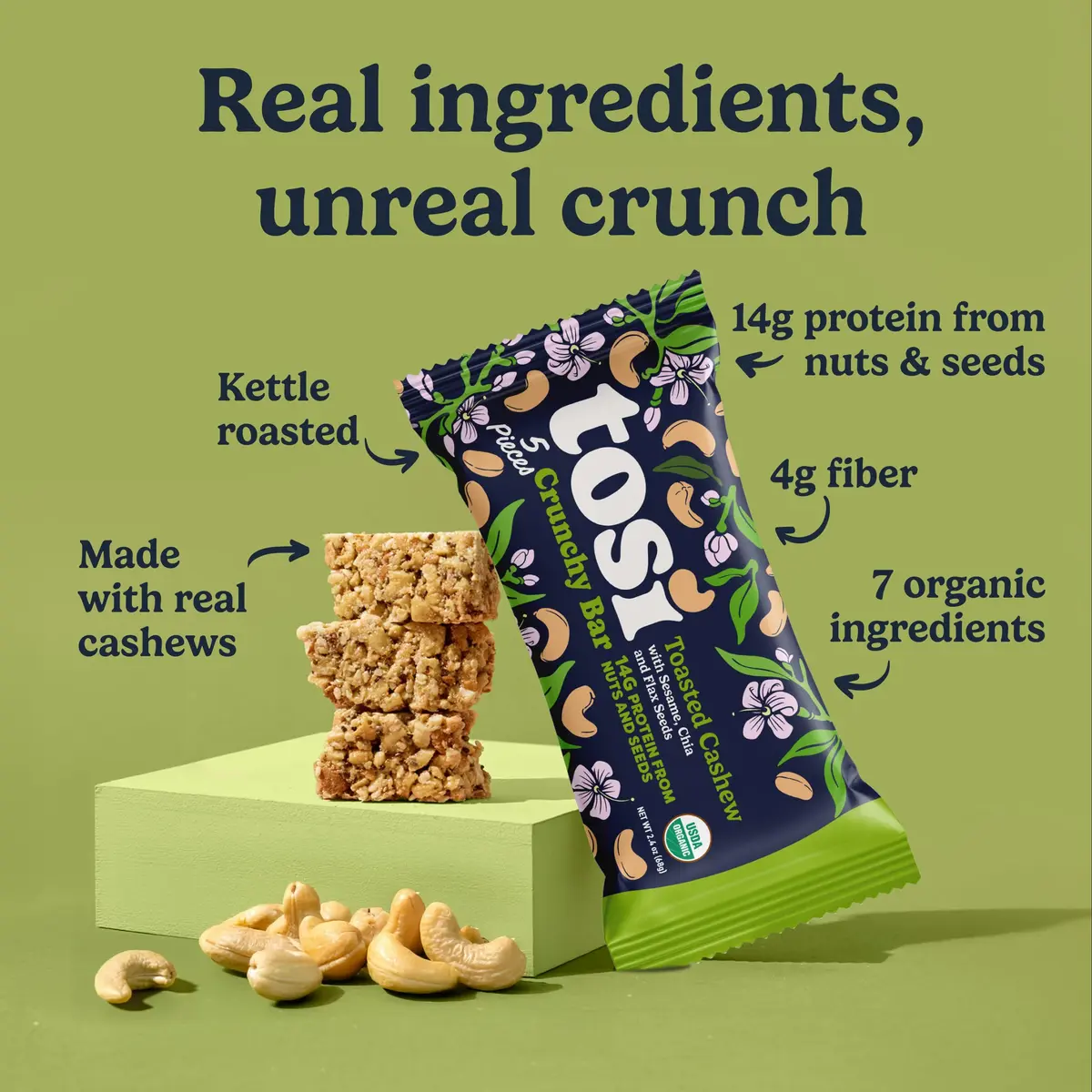 Tosi Plant Based Nut Bars Cashew 12 Pack | Gluten-Free Vegan Snack with Omega 3 (2.4oz each) - view 2