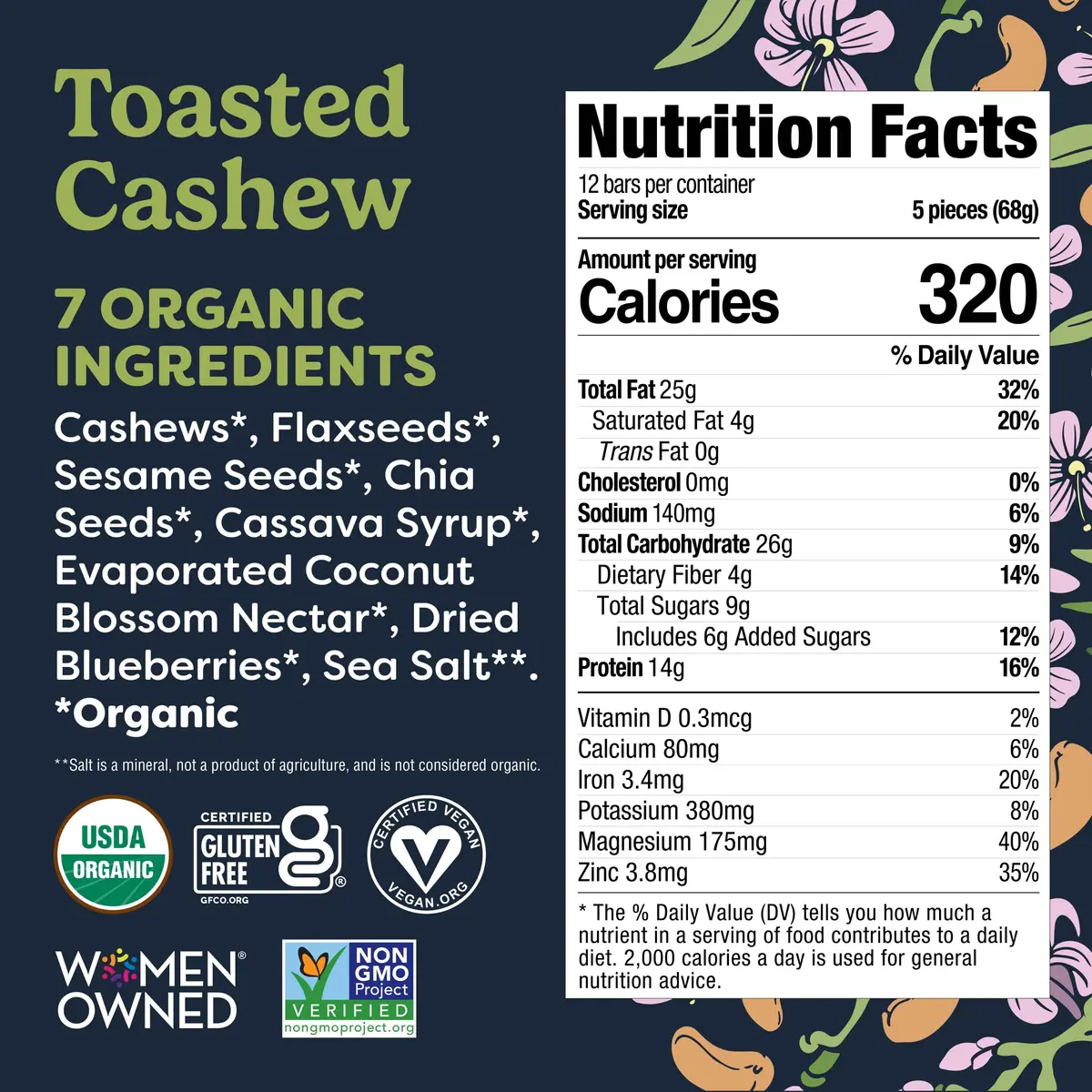Tosi Plant Based Nut Bars Cashew 12 Pack | Gluten-Free Vegan Snack with Omega 3 (2.4oz each) - view 3