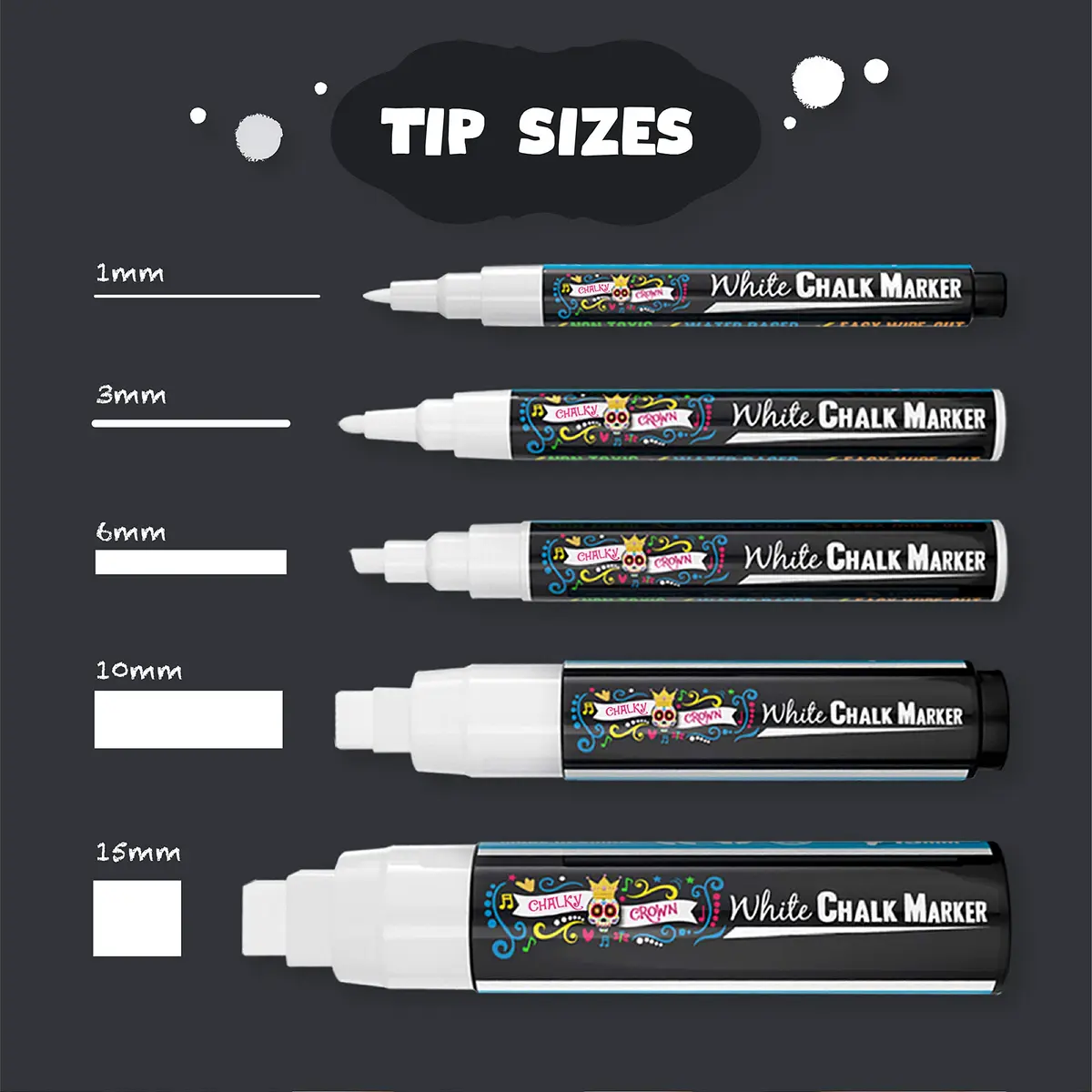 CHALKY CROWN White Liquid Chalk Markers - 5 Pack (1, 3, 6, 10, 15mm) | Eco-Friendly, Kid Safe & Erasable - view 4