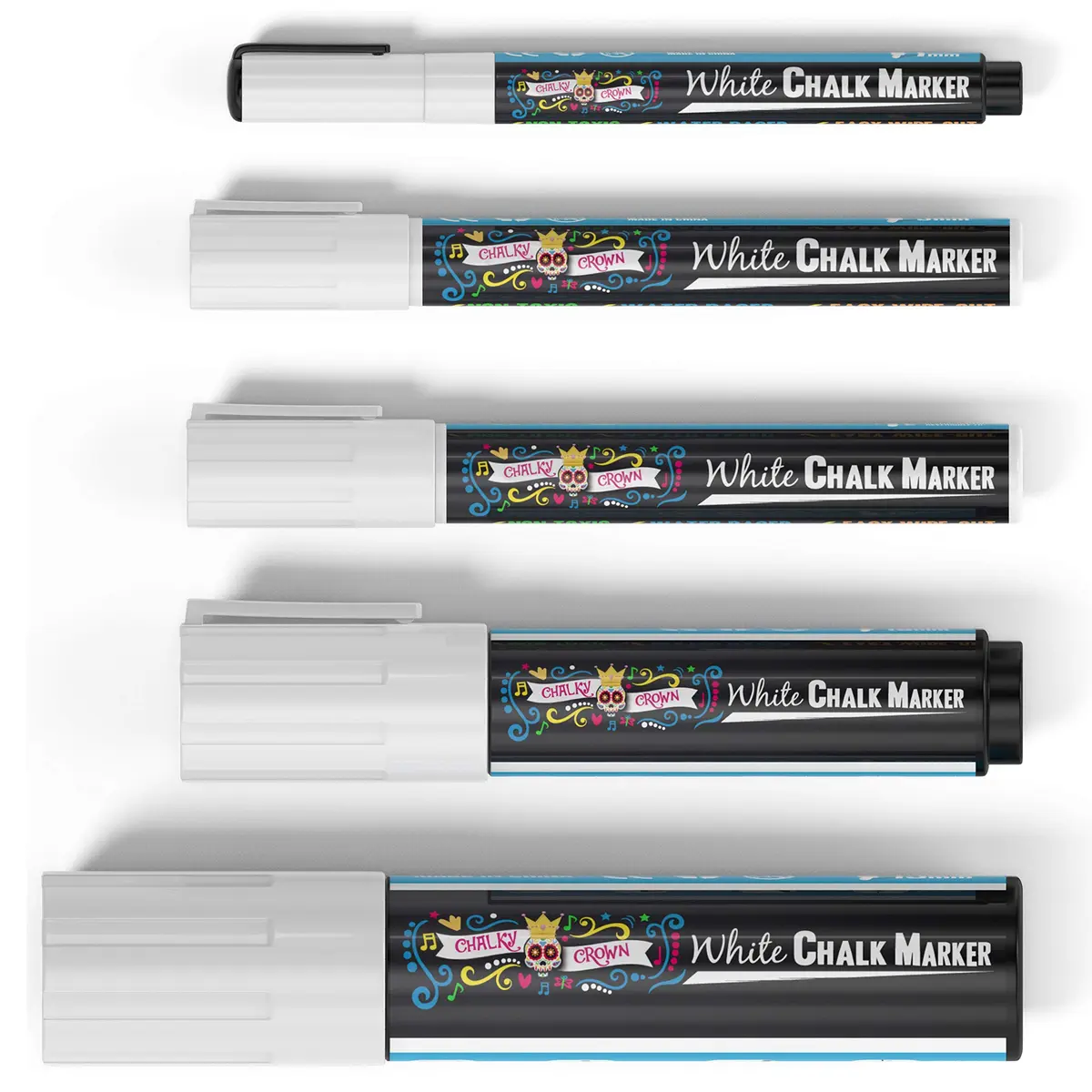 CHALKY CROWN White Liquid Chalk Markers - 5 Pack (1, 3, 6, 10, 15mm) | Eco-Friendly, Kid Safe & Erasable - view 6