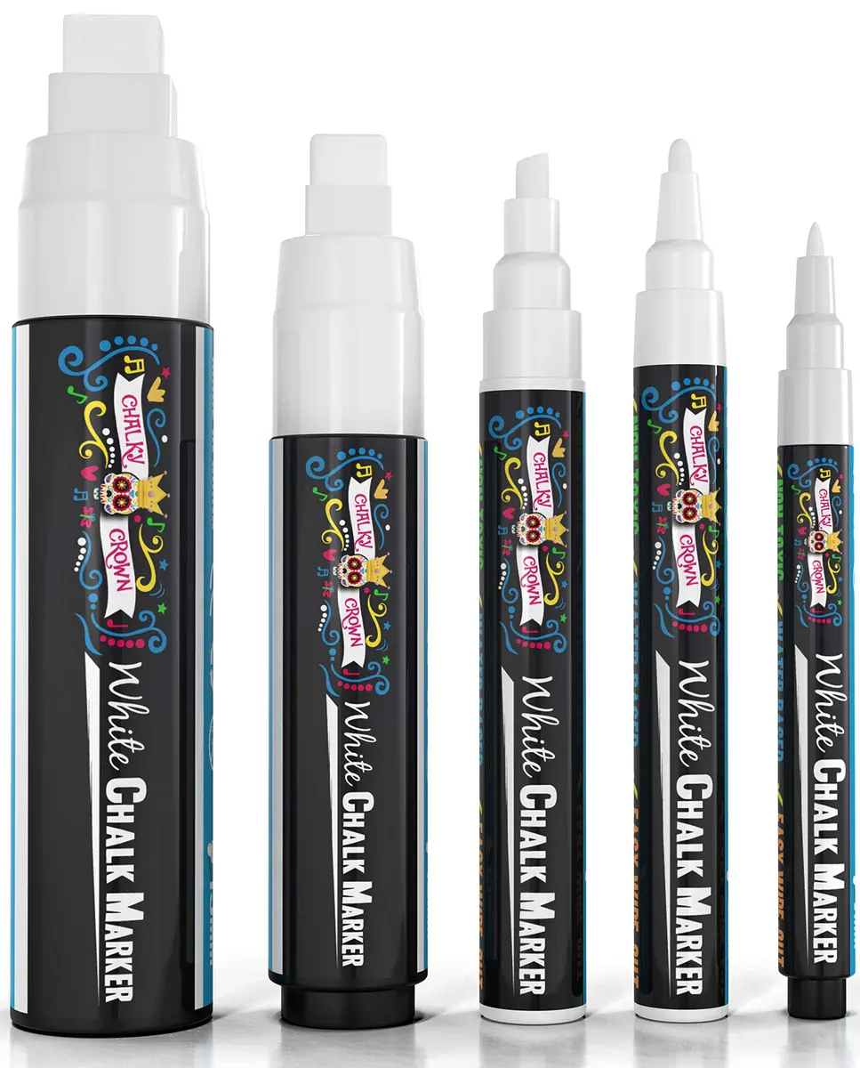 CHALKY CROWN White Liquid Chalk Markers - 5 Pack (1, 3, 6, 10, 15mm) | Eco-Friendly, Kid Safe & Erasable - main product image