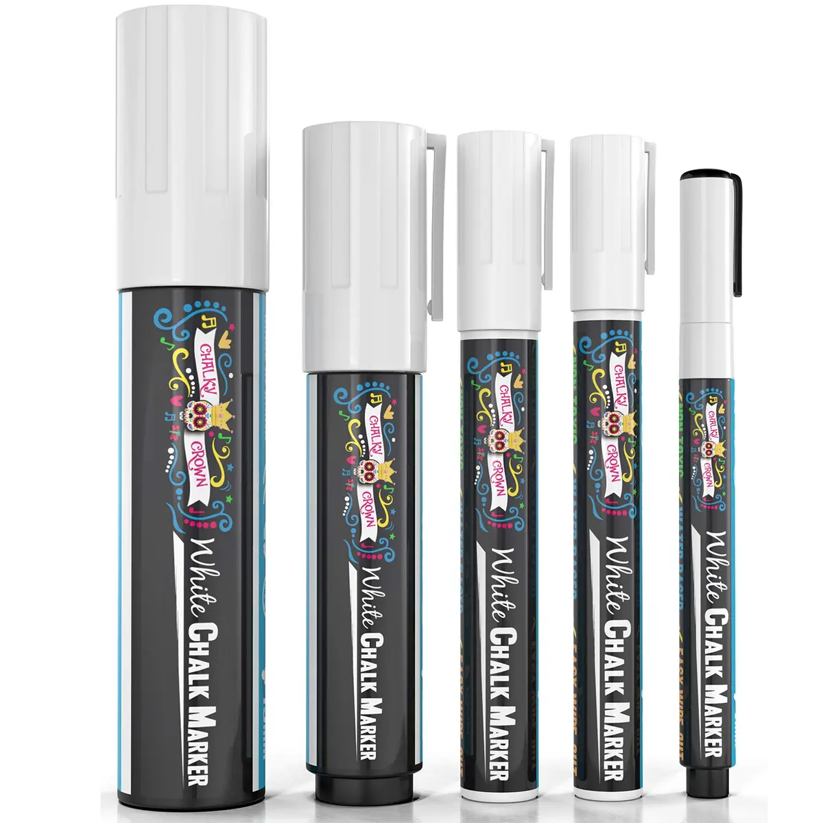 CHALKY CROWN White Liquid Chalk Markers - 5 Pack (1, 3, 6, 10, 15mm) | Eco-Friendly, Kid Safe & Erasable - view 8