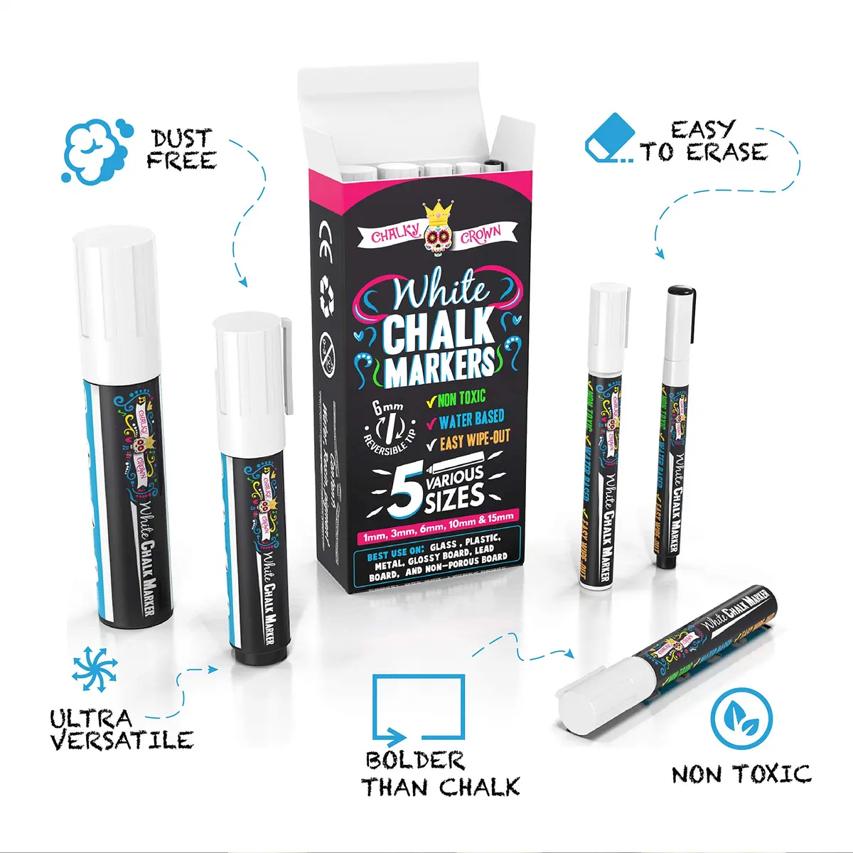 CHALKY CROWN White Liquid Chalk Markers - 5 Pack (1, 3, 6, 10, 15mm) | Eco-Friendly, Kid Safe & Erasable - view 3