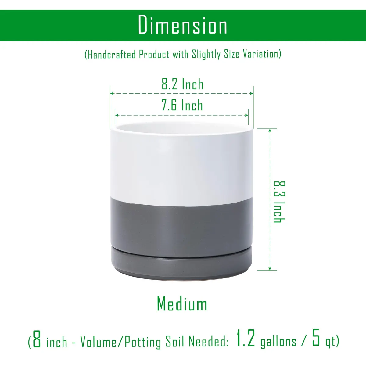 D'vine Dev 8.2 Inch Ceramic Planter Pot, White/Grey | Modern Cylinder with Drainage Hole - view 3