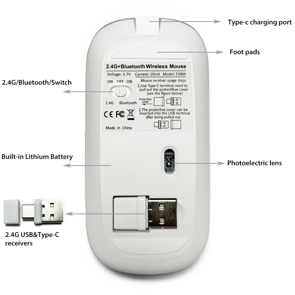 KLO Rechargeable Wireless Mouse with Bluetooth 5.2/3.0, Type-C & 2.4G USB Receiver | Silent Optical Mouse for Mac, Windows, iPad, Laptop (White, 1-Pack) - view 4
