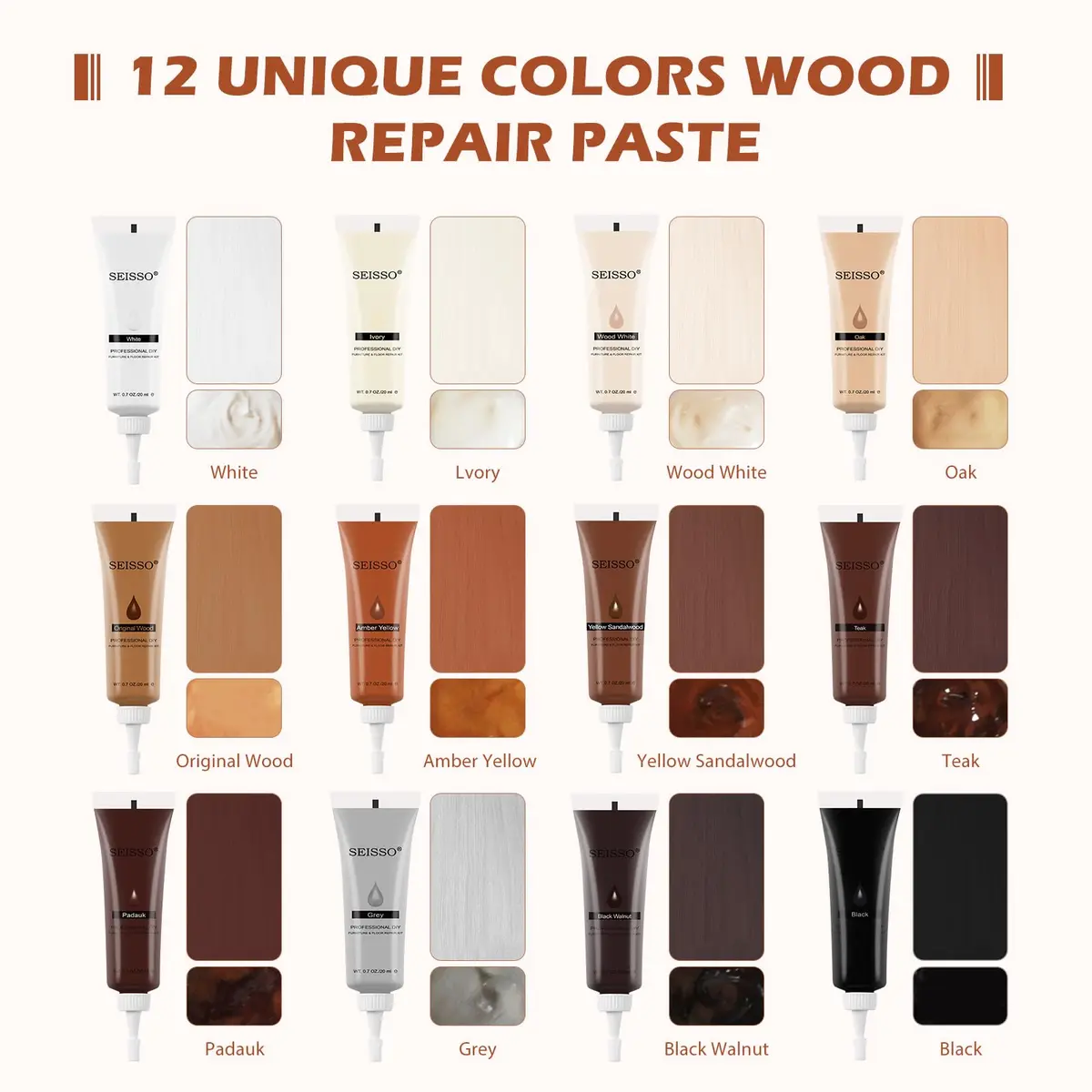 SEISSO Wood Fillers Furniture Repair Kit, 12 Colors, Wood Touch-up Paint, Scratch & Crack Fix, Wooden Floor & Furniture Restoration | 12 Colors, 20g Each - view 2