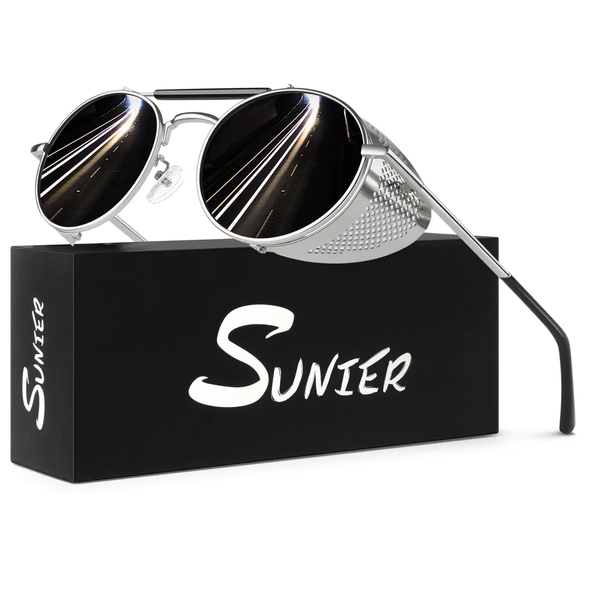 Sunier Round Polarized Steampunk Sunglasses Men Women Side Shield Goggles | 100% UV400 HD Polarized Lens, Unbreakable Metal Frame, Retro Design - main product image