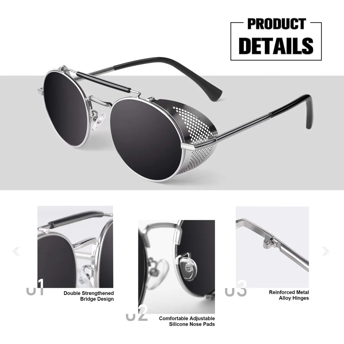 Sunier Round Polarized Steampunk Sunglasses Men Women Side Shield Goggles | 100% UV400 HD Polarized Lens, Unbreakable Metal Frame, Retro Design - view 4