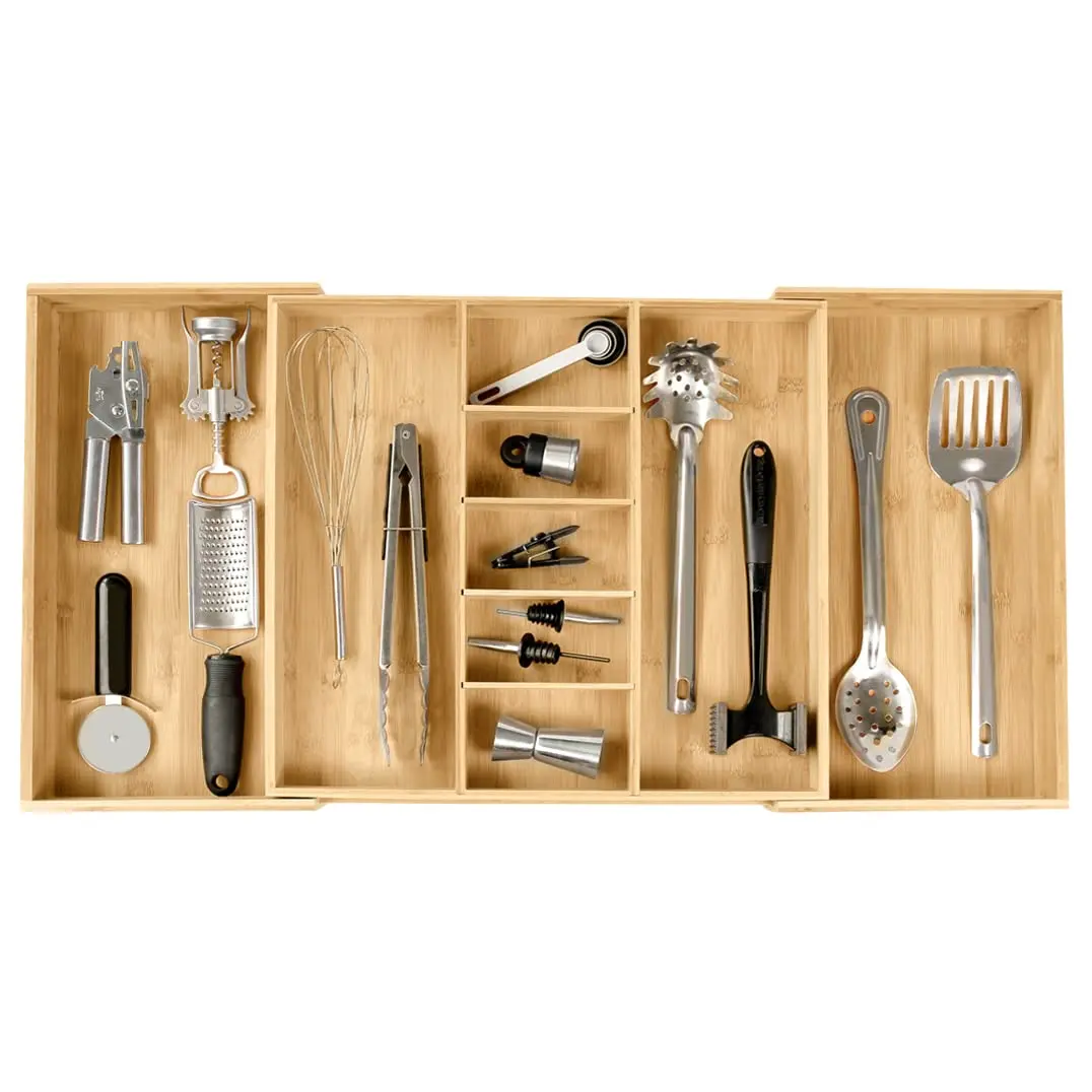 KitchenEdge Bamboo Utensil & Junk Drawer Organizer 19-33 in | Customizable, Expandable & Durable - main product image