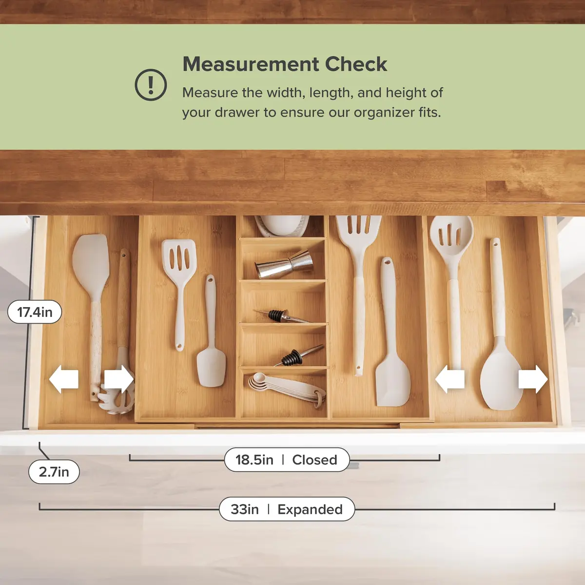 KitchenEdge Bamboo Utensil & Junk Drawer Organizer 19-33 in | Customizable, Expandable & Durable - view 7