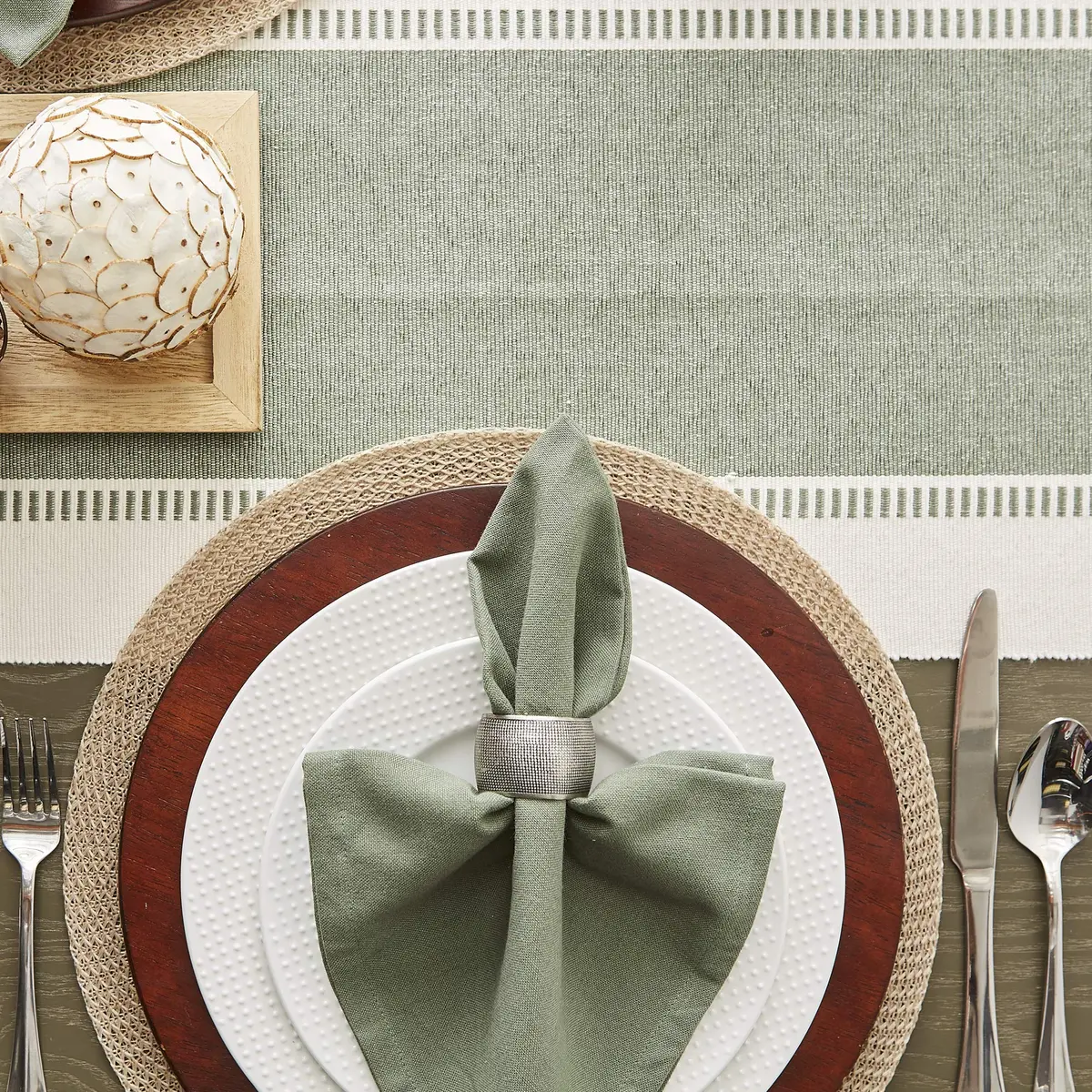 DII Dobby Stripe Table Runner 13x108 Artichoke & Cream | Elegant Cotton Design for Large Tables - view 5