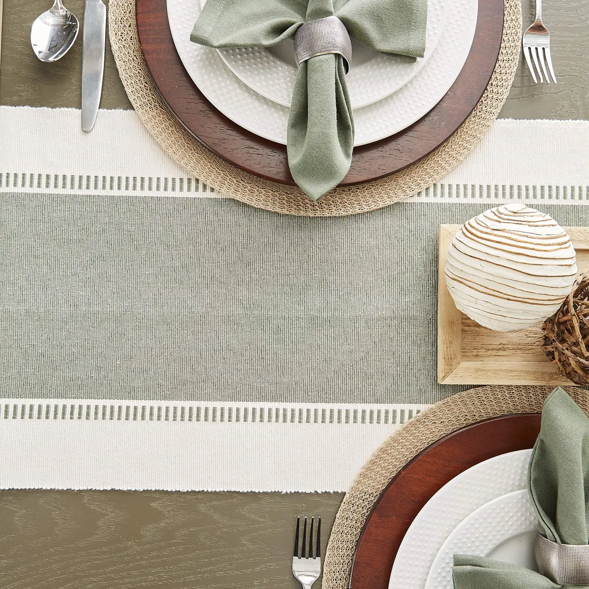 DII Dobby Stripe Table Runner 13x108 Artichoke & Cream | Elegant Cotton Design for Large Tables - view 6
