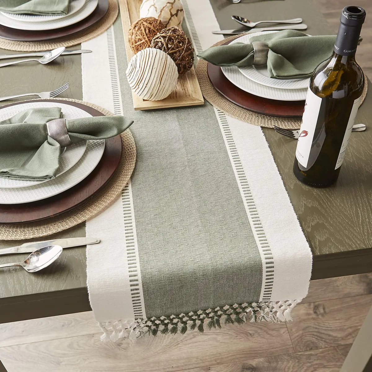DII Dobby Stripe Table Runner 13x108 Artichoke & Cream | Elegant Cotton Design for Large Tables - view 8