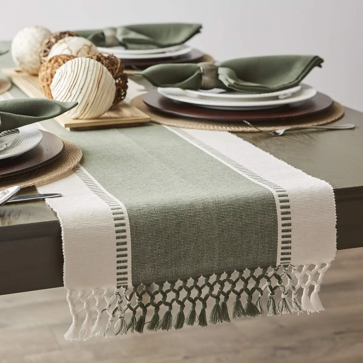 DII Dobby Stripe Table Runner 13x108 Artichoke & Cream | Elegant Cotton Design for Large Tables - view 4