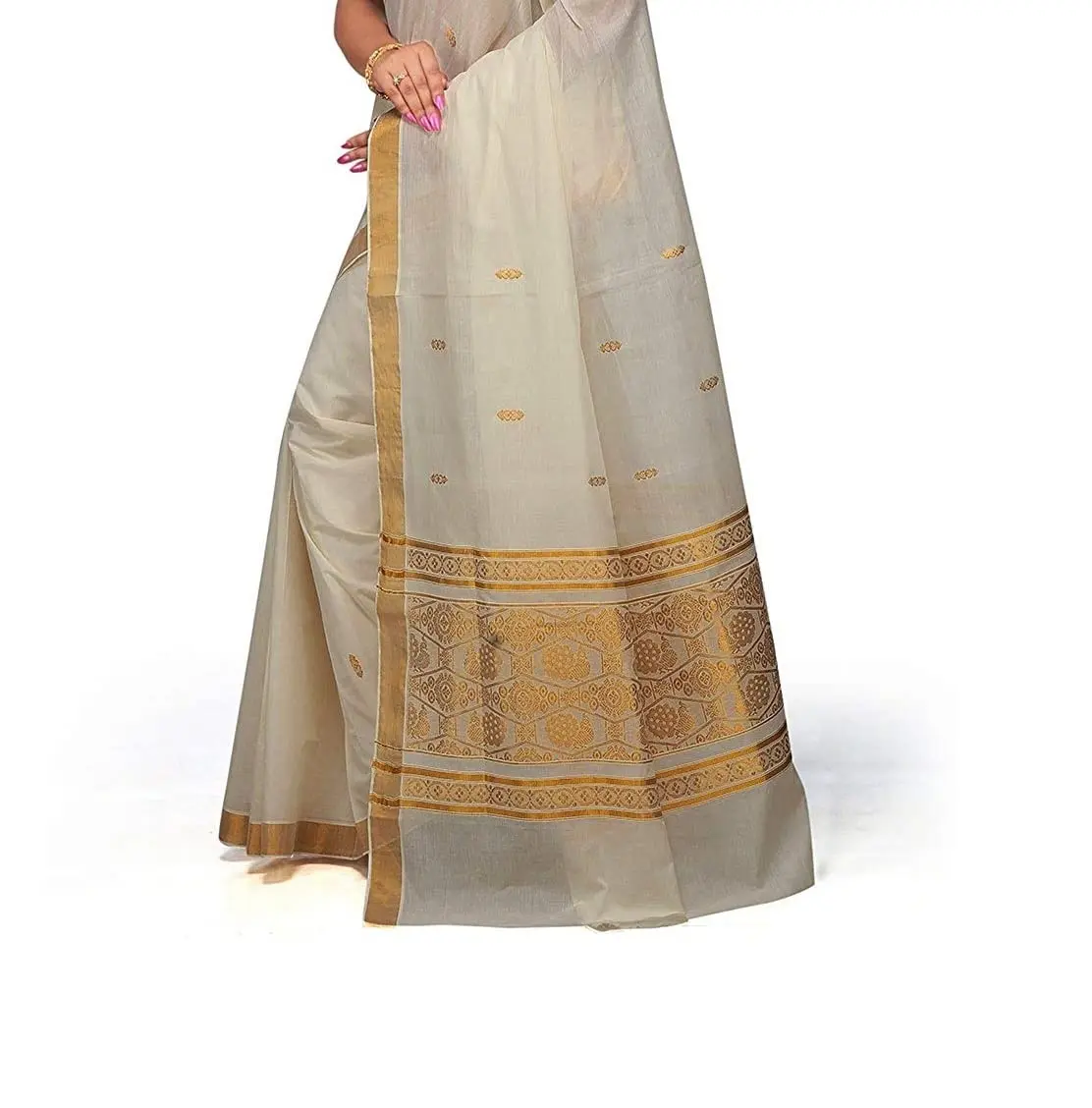 Maxis Kasavu Cotton Saree With Blouse Piece - Cream, 6.25 m (20.5 ft) | Zari Rich Pallu & Border - view 3
